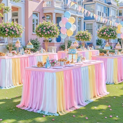 Pastel Rainbow Tablecloth for 8 Foot Rectangle Tables Tulle Tablecloth Rainbow Table Cloth Rectangle 8ft Spandex Table Covers for Baby Shower Girls Unicorn Birthday Party Wedding Banquet Tables Skirt - Image 4