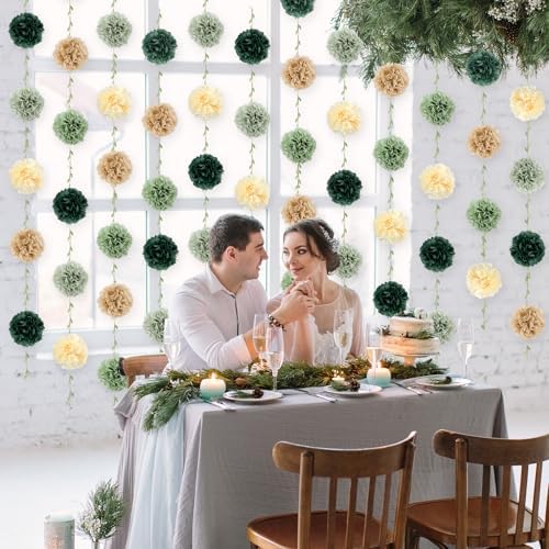 2Pcs Sage Green Tissue Paper Pom Pom Garlands Sage Green Flower Leaves Banner Hanging Paper Flower Garlands for Birthday Baby Shower Boho Wedding Engagement Bridal Shower Party Decor 8.2ft (Pack of 3) - Image 6