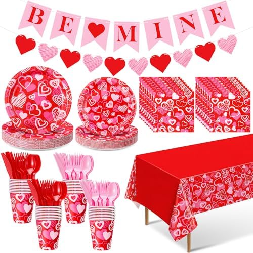 Ziliny 171 Pcs Valentine's Day Party Decorations Serve 24 Red Pink Hearts Paper Plates Napkins Cups Banner Tablecloth Cutlery Valentine Day Anniversary Wedding Baby Shower Party Supplies by Ziliny
