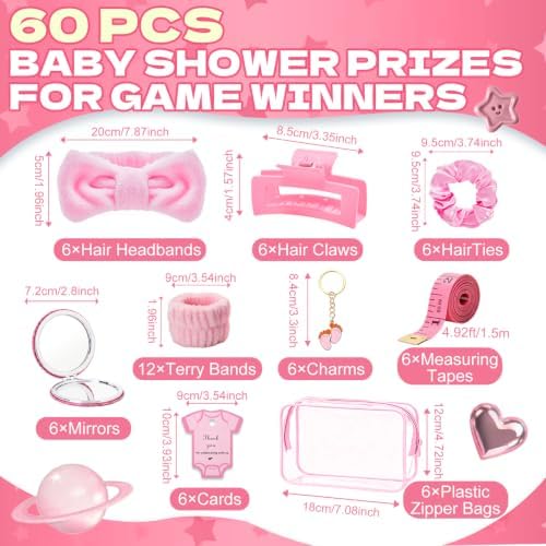 74PCS Baby Shower Prizes for Game Winners with Clear Makeup Bags Glitter Mirrors Belly Rulers Baby Feet Keychains Headbands Hair Claws for Baby Shower Games and Bridal Shower Favors (Pink, 6 Sets) - Image 2