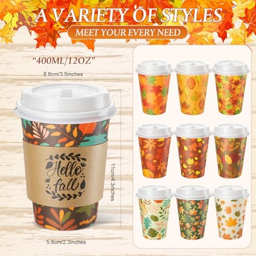Mimorou 60 Pcs Thanksgiving Fall Cups 12oz Coffee Cups with Lids and Sleeves Disposable Maple Leaves Paper Drinking Mugs for Harvest Autumn Party Supplies - Image 2