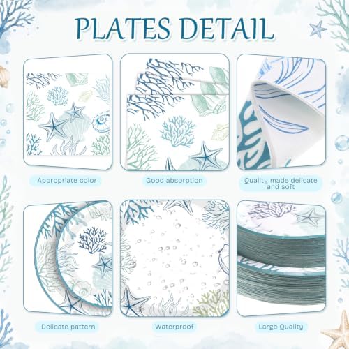 Funnymoom 400 Pcs Ocean Seashell Party Supplies for 50 Guests Blue White Coastal Beach Disposable Plates Napkins Cups Spoons Forks Knives for Summer Wedding Tea Party Bridal Baby Shower - Image 3