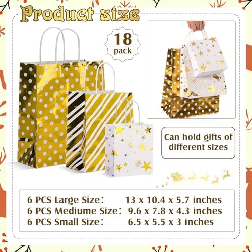 Humyoun 18 Pack Christmas Paper Gift Bags Bulk Assorted Sizes, White, Gold - Image 2
