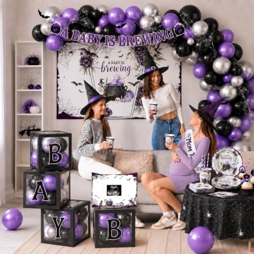 Halloween Baby Shower Decorations 265pcs A Baby Is Brewing Baby Shower Decorations Plates and Napkins Purple Watercolor Flower Coffin Vampire Bat Tableware for Halloween Baby Sprinkle Party Supplies - Image 2