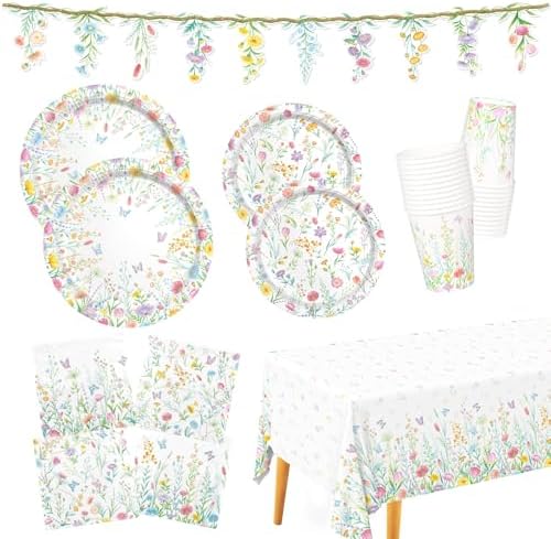Wildflower Party Decorations Kit Serve 24: Wildflower Set with Paper Plates, Napkins, Cups, Banner & Tablecloth for Flower Birthday & Baby Shower Decorations by Gatherfun