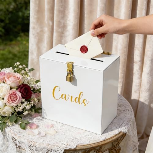 Acrylic Wedding Card Box with Slot & Lock, White Card Box for Wedding Reception, Elegant Money Envelope Box for Baby Shower Bridal Shower Graduation Birthday Party Decor 10.2x5.5x10.2 Inch - Image 5