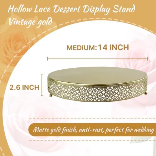 14 Inch Luxury Gold Cake Stand, Round Metal Dessert Display with Ornate Filigree Lace, Dual‑Coated Premium Finish for Wedding, Anniversary & Elegant Home Decor - Image 2