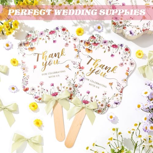 Huwena 50 Sets Wedding Fans for Guests Thank You for Celebrating with Us Fans Hand Fans Handheld Folded Fan Baby Shower Favors for Bridal Bridesmaid Gift Church Dancing(Light Green,Wildflower) - Image 2