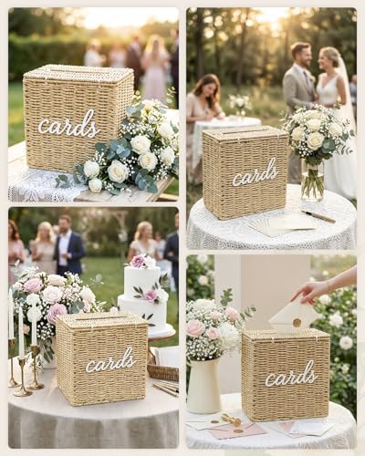 Wicker Wedding Card Box Basket with Slot, 10.2'' Hand-Woven Rattan - Image 6