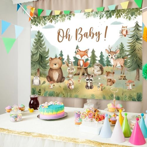 10x8ft Woodland Baby Shower Backdrop Oh Baby Banner, Forest Animal Background Decorations for Gender Neutral Baby Shower, Rustic Woodland Newborn Photo Prop, Nature Theme Party Supplies - Image 2
