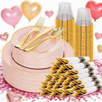 SUT 175 Pcs Pink and Gold Plastic Dinnerware Set for 25 Guests, Include: 25 Dinner Plates, 25 Dessert Plates, 25 Pre Rolled Napkins With Silverware, 25 Cups, Disposable Plates for Baby Shower, Party by SeeYouTomorrow