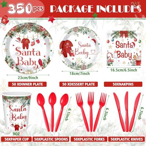 Dandat 350 Pcs Baby Shower Set, Christmas Santa Baby, Red - Image 3