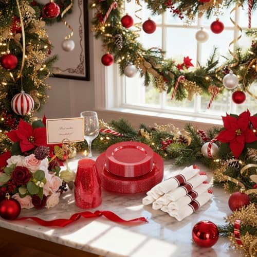 DaYammi 350PCS Red Glitter Plastic Dinnerware Set for 50 Guests - Image 2