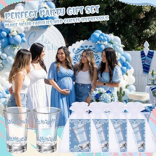 SiliFine 50 Sets Cielito Lindo Baby Shower Favors Shot Glasses for Guests Bulk 1.5oz Recuerdos Para Boda Wedding Shot Glass Thank You Card Bag for Guest Talavera Bridal Baby Shower(Blue) - Image 3
