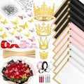 449Pcs Flower Bouquet Wrapping Accessories with Floral Wrapping Paper Gold Crowns Butterfly Decorations Gem Pins and Wooden Sticks, Ribbons for Money Bouquet Mother's Day Baby Shower Graduation by Tidponra