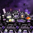 Norme 176 Pcs Purple and Black Birthday Tableware Set Birthday Decoration Includes Tablecloth Paper Plates Napkins Paper Cups Forks Knifes and Straws for 25 Guests Party Supplies (Modern) - Image 6