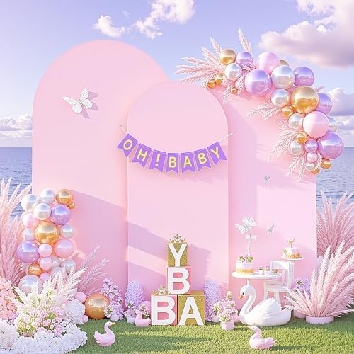 Set of 3 Arch Backdrop Covers(7.2ft, 6.6ft, 6ft) - Premium Stretchy Spandex Backdrop Arch Stand Cover for Baby Shower,Wedding,Party Decor Chiara Cover with Double-Sided Design(Pink, White) - Image 4
