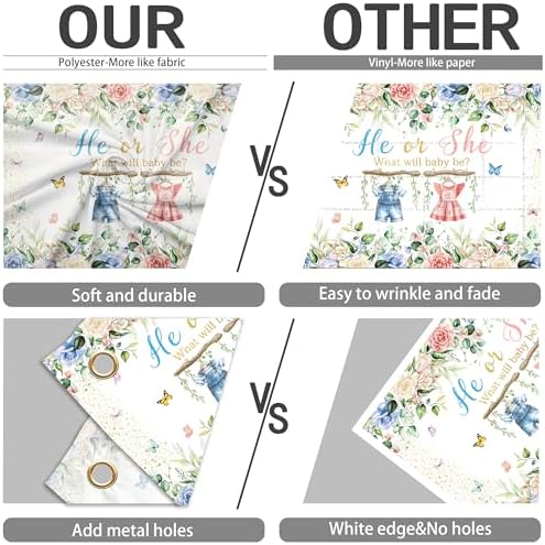 He or She Gender Reveal Background 10 x 8 ft Watercolor Flower Backdrop Large Boy or Girl Banner Newborn Baby Shower Baptism Kids Birthday Photography Props Decoration Polyester - Image 5