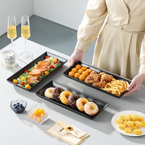 MALACASA 3 Tier Serving Trays for Party, 14 Inch Porcelain Black Trays for Serving Food, Dessert Stand with Collapsible Gold Metal Rack - Image 5