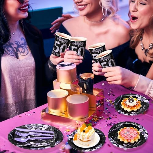 Pickmesh 400 Pcs 50th Birthday Party Supplies Purple Black Plates Serve 50 - Image 4