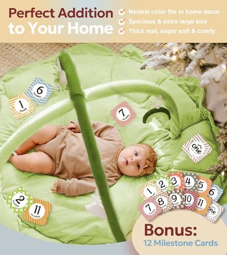5-in-1 Thick & Plush Baby Play Gym, Baby Play Mats for Floor, Tummy Time Mat with 6 Toys, Convertible Stage-Based Developmental from Babies to Toddlers, Ball Pit, Green - Image 4