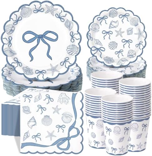 Pickmesh 250 Pcs Ocean Blue Bow Seashell Paper Napkins Plates Cups Set Ocean Themed Party Supplies Coastal Seashell Disposable Tableware for Summer Birthday Beach Wedding Dinner, Serve for 50 Guests by Pickmesh
