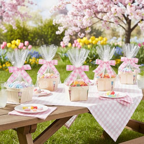 Kigley 24 Set Pink Gingham Wooden Gift Baskets with Cellophane Bags Bows - Image 4