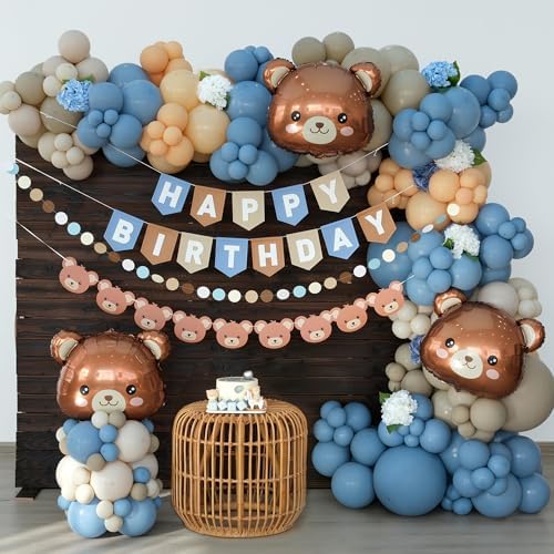 Bear Birthday Balloon Arch Kit for Baby Boy Blue Khaki and Brown Balloons Decorations Set Happy Birthday Banner Bear Theme Decor by Ereniko