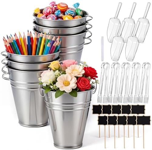 10 Pcs Galvanized Metal Buckets with Handle Include 5" Mini Candy Tin Bucket Plastic Scoops Serving Tongs Chalkboard Picks Markers Candy Bar Containers Birthday Party Wedding Buffet Supplies by Acellegic