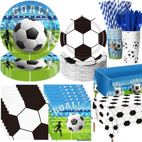 Ceenna 452 Pcs Soccer Party Supplies for 50 Guests, Soccer Paper Plates Napkins Cups Tablecloth Cutlery Straw Disposable Tableware for Men Birthday Sports Theme Day Party Decorations by Ceenna