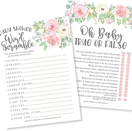 Hadley Designs 25 Floral Love or Labor, Boobs Or Baby Butts Game, 25 Who Knows Mommy Best, Baby Prediction and Advice Cards, 25 True Or False, Word Scramble-6 Double Sided Cards for Baby Shower - Image 5