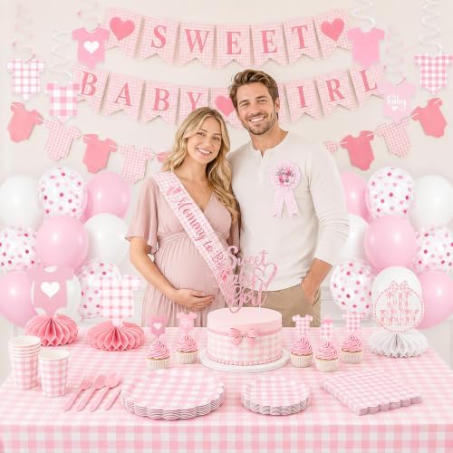 222Pcs Pink Gingham Baby Shower Decorations for Girl - Image 7