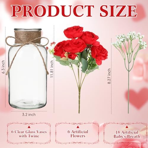 Zeyune 6 Sets Mason Jar Table Centerpiece with Artificial Peony Baby's Breath Flower Centerpieces Faux Flowers with Rope for Wedding Reception Engagement Bridal Shower Rustic Table Decor(Red) - Image 4