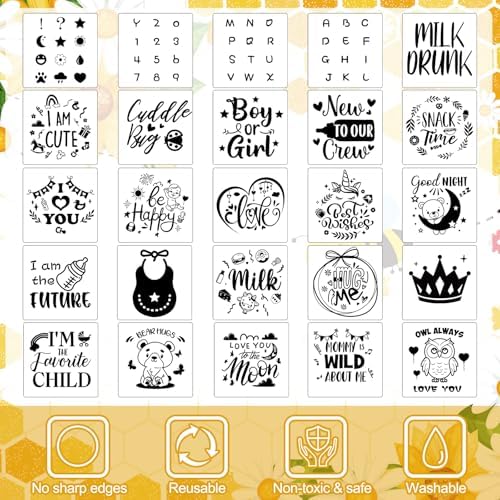 Panitay 126 Pcs Baby Shower DIY Bodysuit Set Bib 25 Blank White Newborn Bodysuit 25 Stencils 24 Marker 1 Sign 50 Pins(Bee) - Image 5