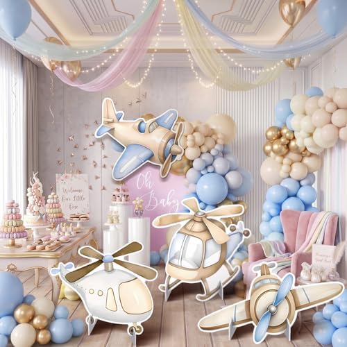 4 Pcs Large Airplane Baby Shower Decoration, Airplane Helicopter Cardboard Cutout, Birthday Party Deocration for Boys, Propeller Aircraft Stand-up Decoration for Party Supplies Photo Props - Image 3