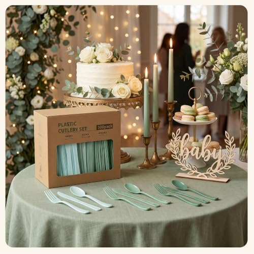 300Pcs Sage Green Plastic Silverware Set, Full Size Disposable for Dinner - Image 2