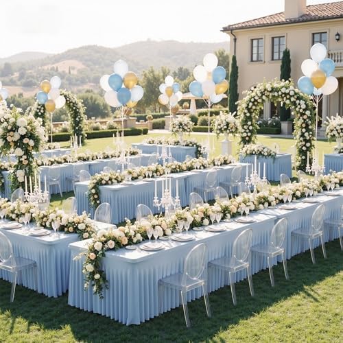 4 Pack Dusty Blue Spandex Table Clothes for 8 Foot Rectangle Tables, Wrinkle Free Fitted Table Cover 8ft Stretch Tablecloths Desk Skirt for Parties Weddings Birthday Banquet Baby Shower - Image 4