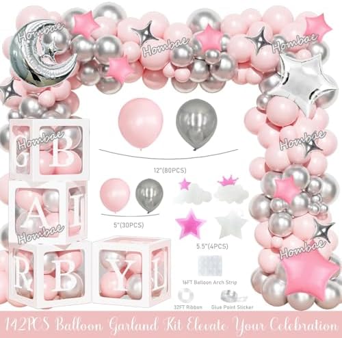 Hombae Twinkle Twinkle Little Star Baby Shower Decorations, Moon and Stars Baby Shower Decorations Backdrop Balloon Glitter Banner Tablecloth Cake Topper Sash for Space Party Supplies Pink Silver - Image 3