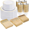WELLIFE 300Pcs Gold Dinnerware Set for 50 Guests, Gold Rim Plastic Plates Disposable, 50 Dinner and 50 Salad Plates, 50 Cups, 50 Silverware Set for Party by WELLIFE