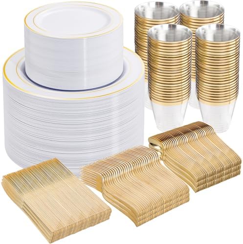 WELLIFE 300Pcs Gold Dinnerware Set for 50 Guests, Gold Rim Plastic Plates Disposable, 50 Dinner and 50 Salad Plates, 50 Cups, 50 Silverware Set for Party by WELLIFE