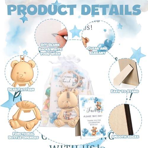 50 Set Bear Bottle Opener Baby Shower Party Favors Bulk,Blue - Image 3