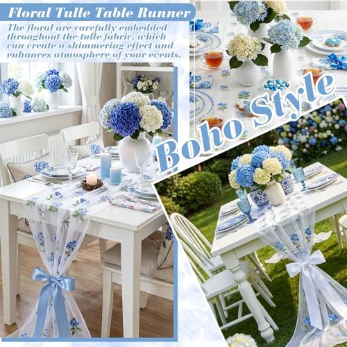 Mindsoft 3 Pcs Blue Hydrangea Floral Table Runner 10ft Gauze Embroidery Hydrangea Tulle Lace Summer Table Runner for Wedding Bridal Baby Shower Holiday Dining Decor DIY - Image 5