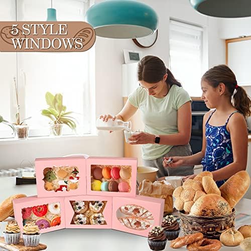 KPOSIYA 65 PCS 8x6x2.5 Inch Cookie Boxes with Window Pink Bakery Boxes Pastry Boxes for Gift Giving, Treat, Dessert, Cupcakes, Chocolate, Strawberries, Donuts, Muffins (5 Style Windows) - Image 5