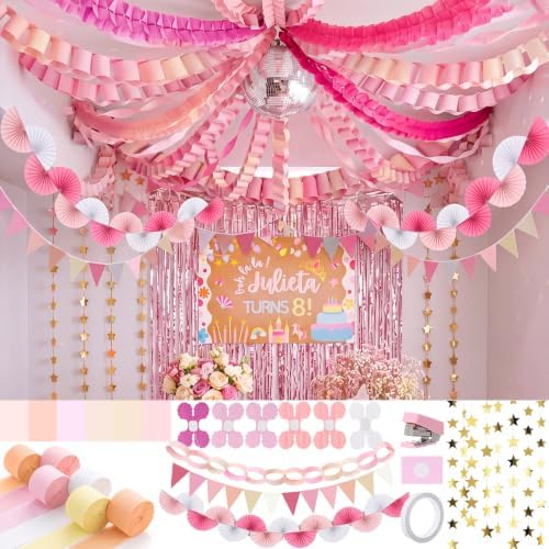 TaoBary Pink Party Decorations, 6 Roll Crepe Streamers 600 Paper Strips Chain Garland 4 Star Hanging 2 Felt Pennant Flag 2 Paper Fans Garland 6 Four Leaf Clover Streamers for Birthday Party by TaoBary