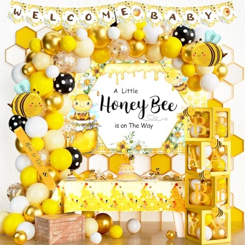 Party Inspo Bee Baby Shower Decorations, Bumble Bee Baby Shower Decor, A Little Honey is On The Way Backdrop Balloon Banner Tablecloth Cake Cupcake Topper Box Sash Cutouts by Unknown