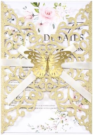 50PCS Gold Wedding Invitations with Envelopes and RSVP Cards by HomeKitchen