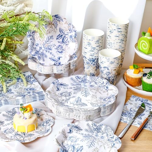 Newtay 250 Pcs Blue Gold Floral Disposable Paper Plate Napkins - Image 3