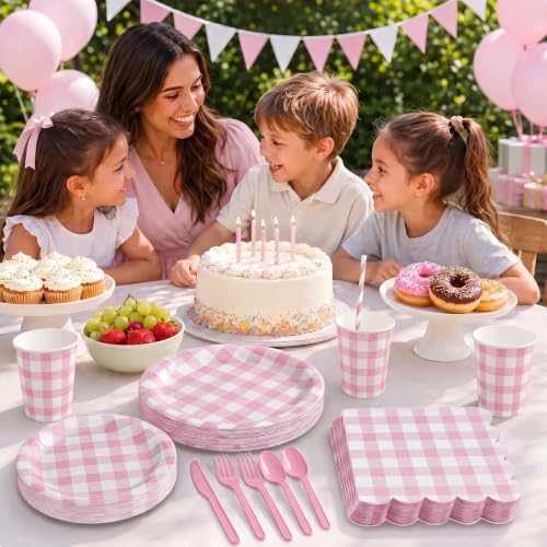 400 Pcs Pcs Pink Gingham Paper Plates and Napkins Set for 50, 9" Dinner Plates & 7" Dessert Plate, Baby Girl Shower Birthday Party - Image 2