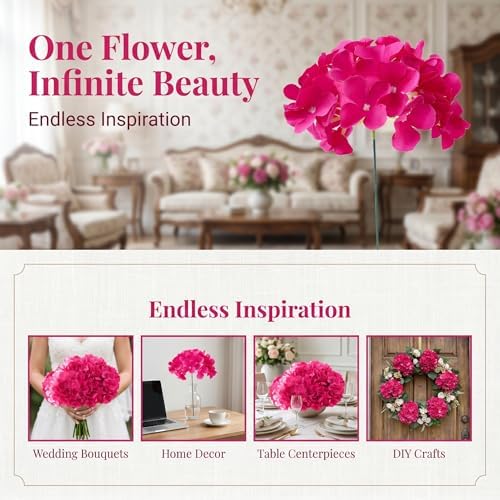 AVIVIHO 105Pcs Hot Pink Fake Flowers Hydrangea Artificial Flowers Bulk (Not Squished, No Steaming Need) Silk Flowers with Stems for Wedding Decor,Home,Baby Shower,Table Centerpieces Decoration - Image 4