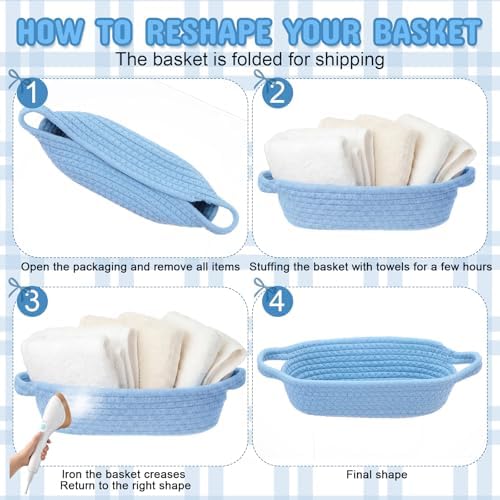Blue 12 Set Small Woven Gift Basket with Gift Bags Ribbons Empty Gifts Baskets Woven Rope Storage Basket with Handles for Birthday Baby Shower Nursery Toy Organizer 9.1"x 5.1" x 2.8" - Image 4